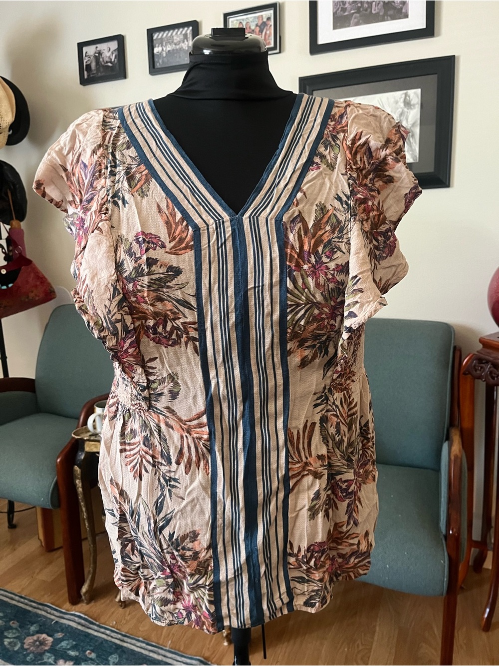Vintage America Blush Floral V-Neck Blouse with Blue Stripe